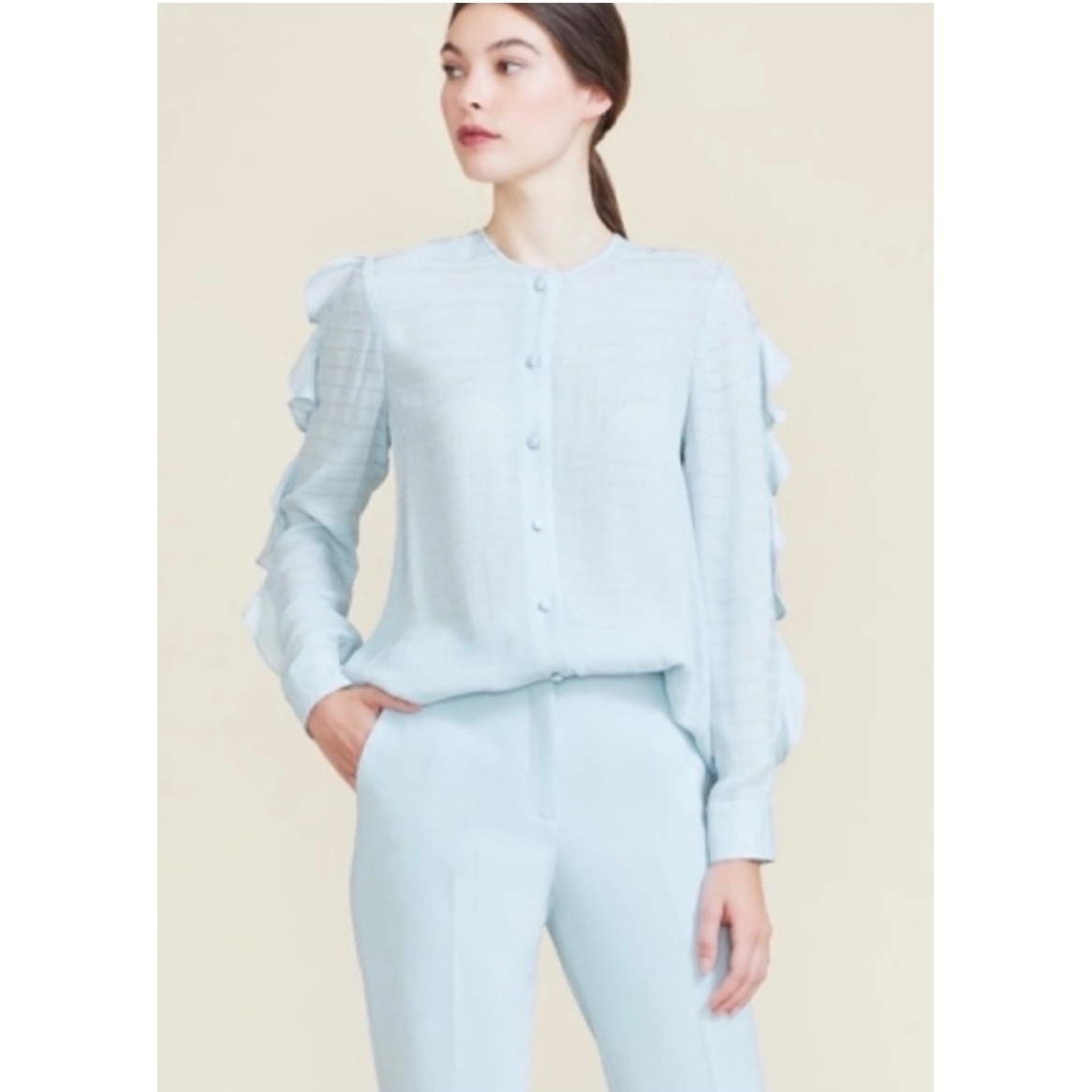 New Pearl By Lela Rose Striped Crepe Ruffle Detail Blouse Ice Blue Size 8